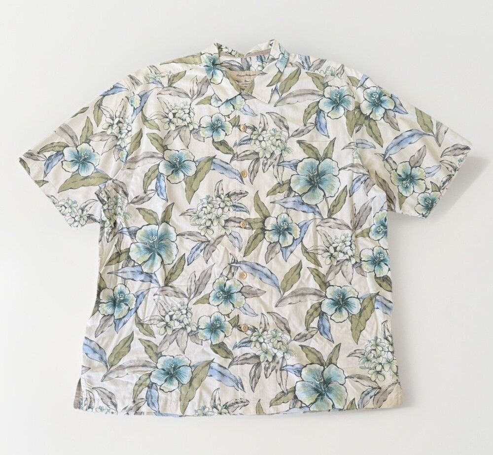 Tommy Bahama shirt XL men Silk Floral Beige original fit button up SS shirt ECU